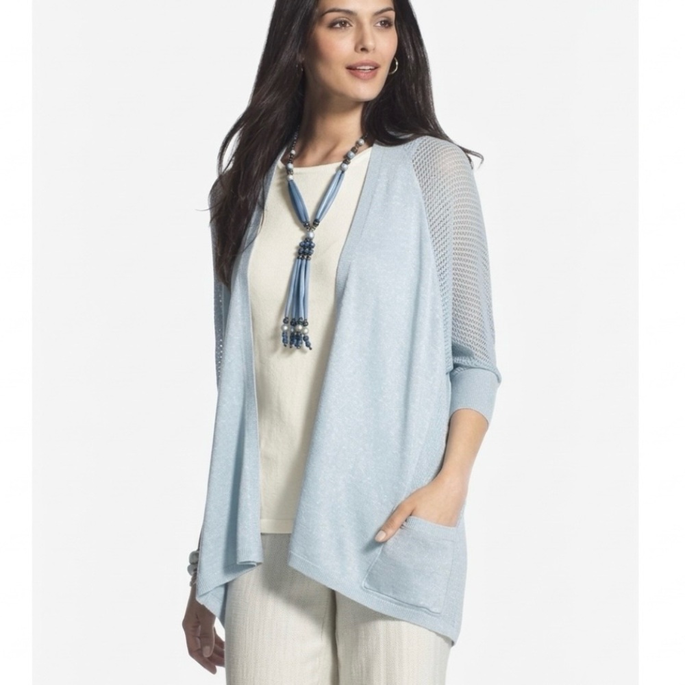 Chico’s Travelers Blue Cardigan Shimmer Open Front Knit Long Sleeve L Elegant